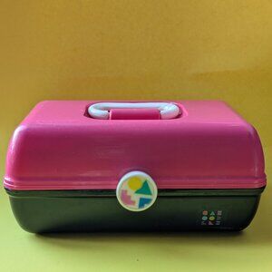 Vintage 90s Caboodles Makeup Case Pink & Black Geometric Logo Plastic Train Case